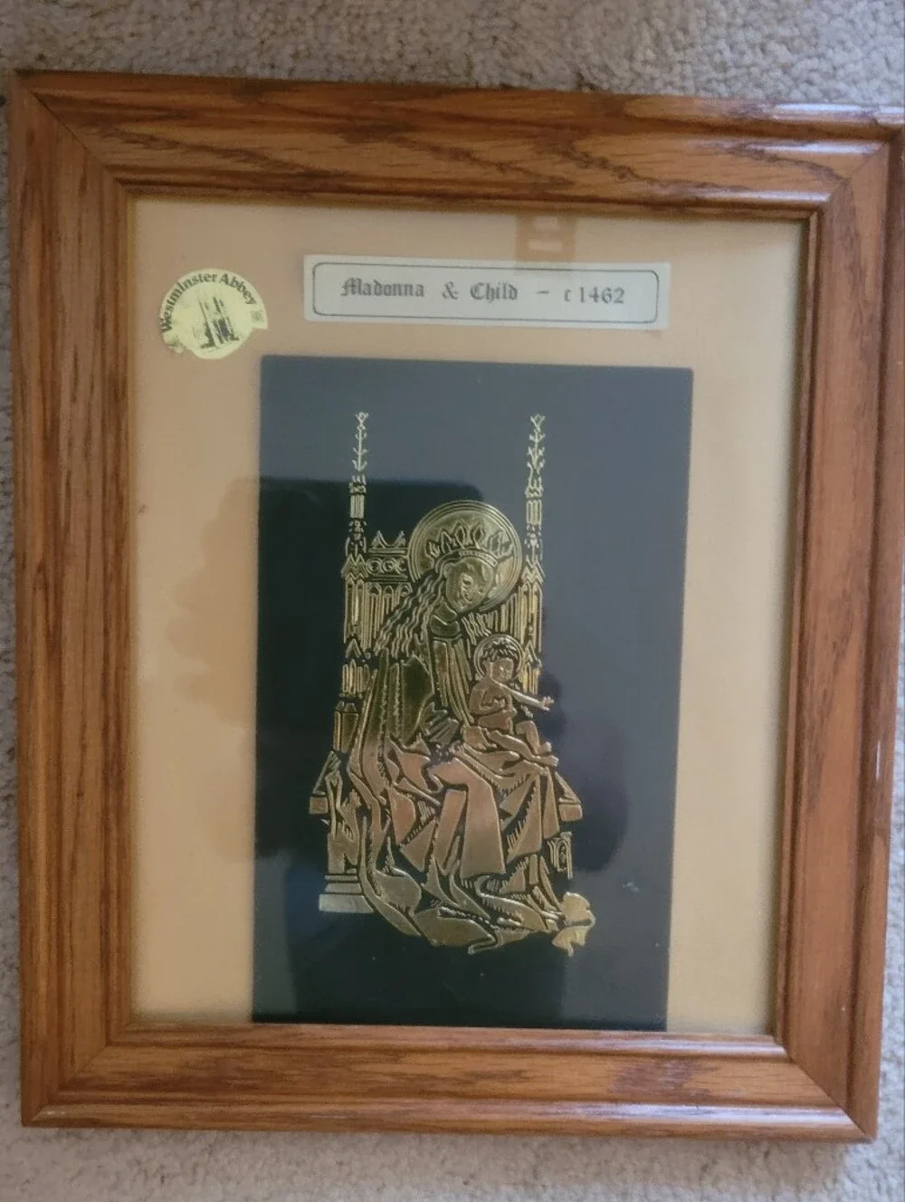 Vintage Framed Westminster Abbey Brass Rubbing Art – Madonna & Child c.1462